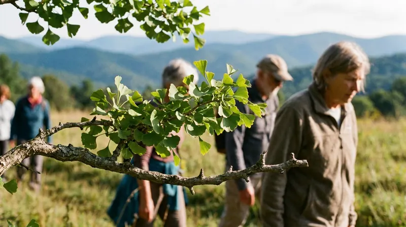 A branch of fan-shaped ginkgo leaves in morning light with blue mountain ridges behind