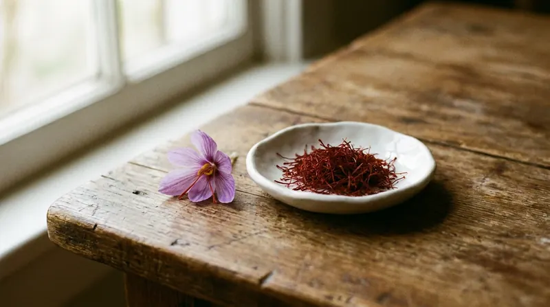 A small dish of red saffron threads beside a purple crocus flower on a wooden table