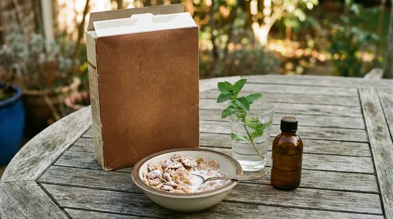A bowl of frosted cereal beside its box, a glass of water with a sprig of spearmint and a small green bottle on a garden table