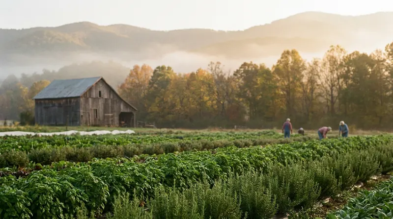 Rows of green herbs in a mountain valley farm at dawn with a barn and misty ridges behind