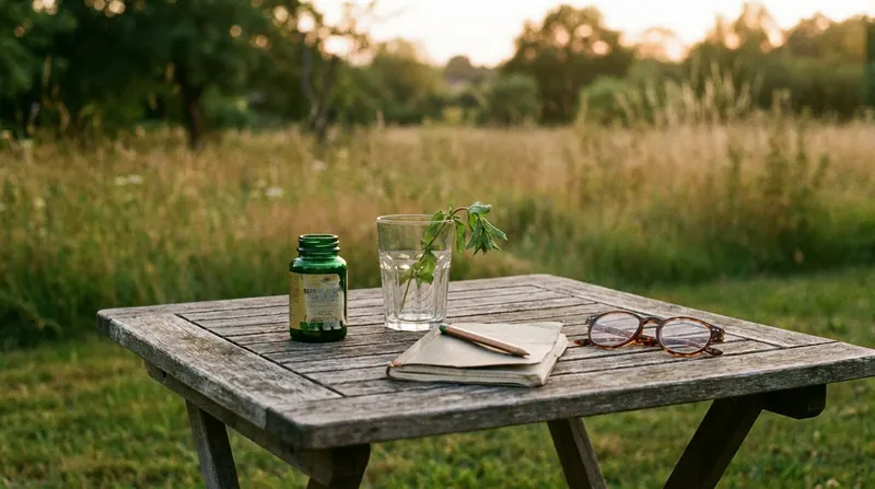 A garden table at dusk with a small green bottle, an empty glass with a sprig of mint, a closed notebook with a pencil and reading glasses