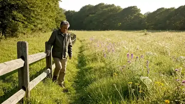 A man in his sixties walking a fence line at the edge of a sunlit meadow and stopping to look across it