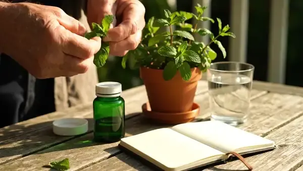 A man's hands rubbing a sprig of spearmint and dropping it into a glass of water beside a small green bottle and an open notebook