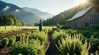 Rows of green herbs swaying in a morning breeze in a mountain valley farm with mist on the ridges