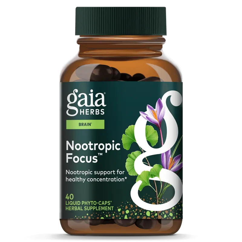 The green bottle of Gaia Herbs Nootropic Focus liquid capsules, from the seller's photograph